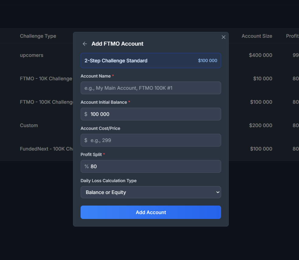 PropGuard add account dialog showing easy setup process for connecting prop firm accounts via API, CSV import, or manual entry